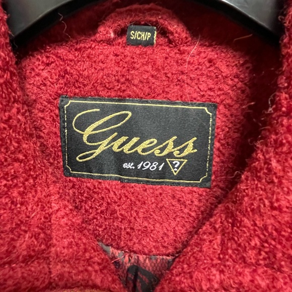 Guess Sz Women's Gorgeous Red Textured Pea Coat Gold Accents Lace Pattern Lining - Picture 3 of 12